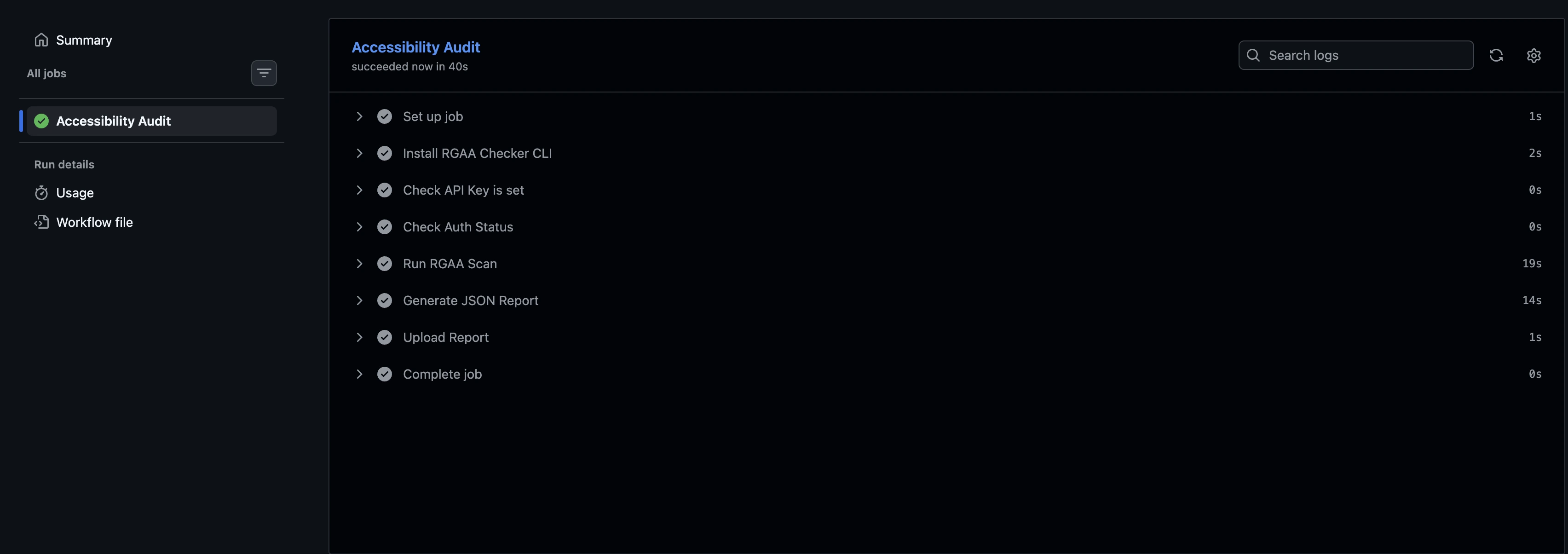 Capture d'écran de l'intégration GitHub Actions montrant un audit RGAA