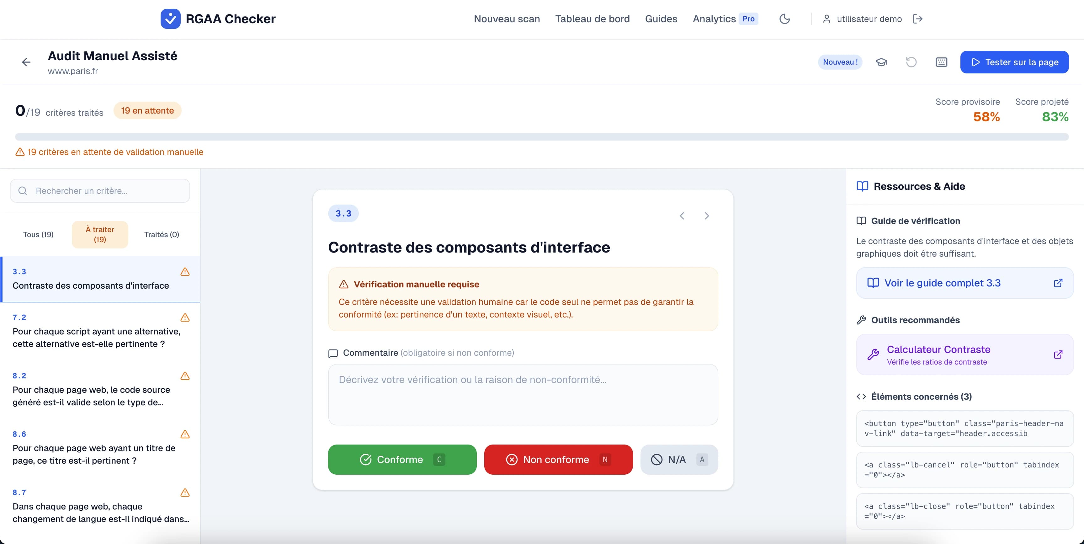 Interface d'audit manuel montrant une checklist de critères à vérifier